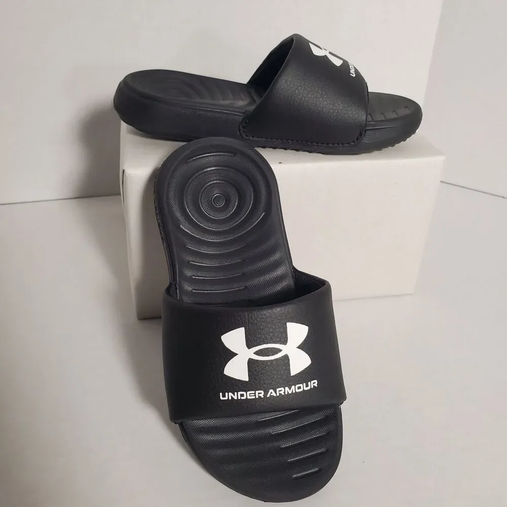 Under Armour Kids Slides Sandals Size 11K Black White Logo Comfort‎ Slip On
